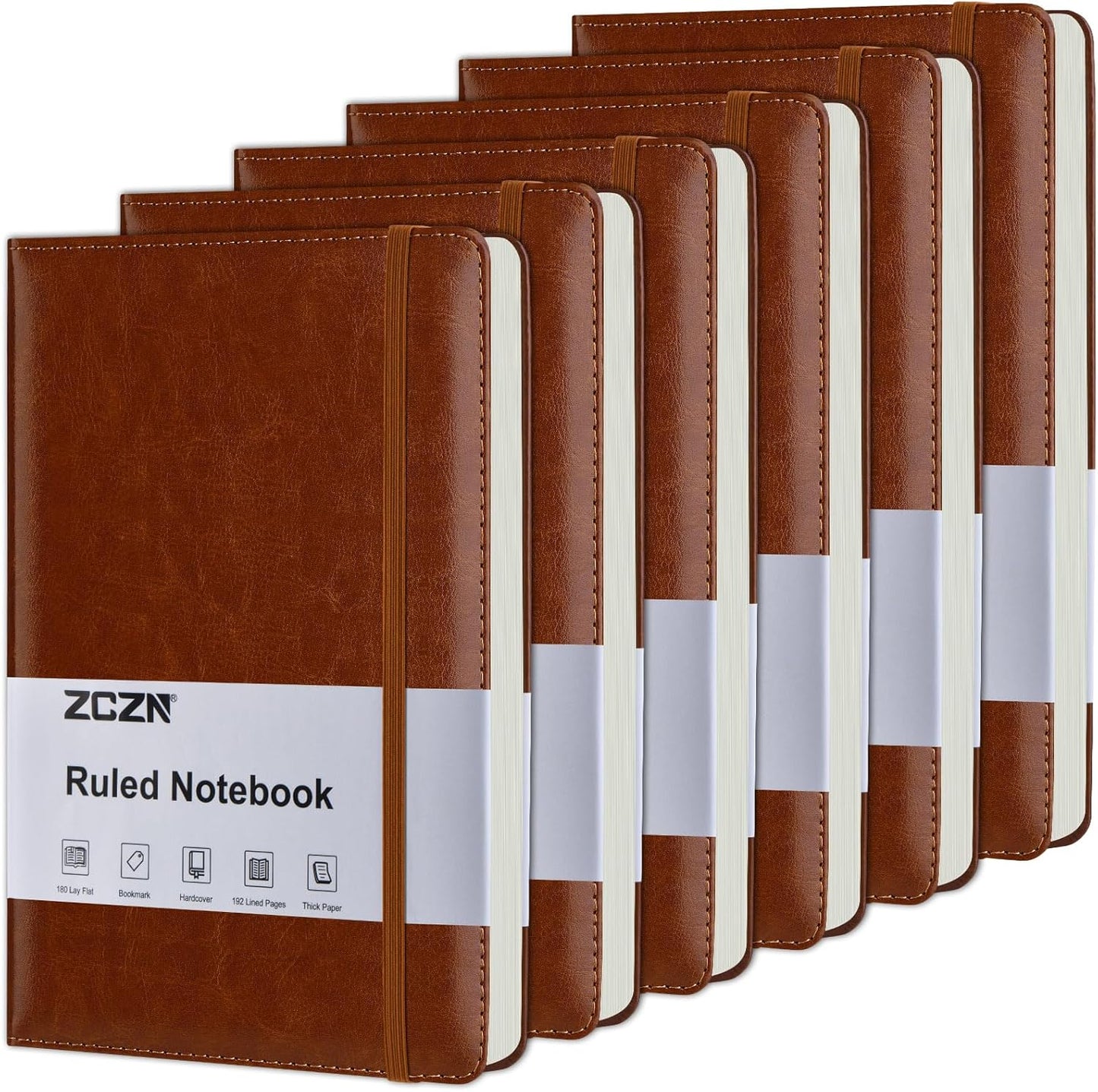 ZCZN Lined Journal Notebooks for Work, 5.5x8.3 in, 192 Pages, Hardcover Leather A5 Journals for Writing, Diary & Travel, College Ruled Journaling Notebooks for School, Office, Home (Brown*6)