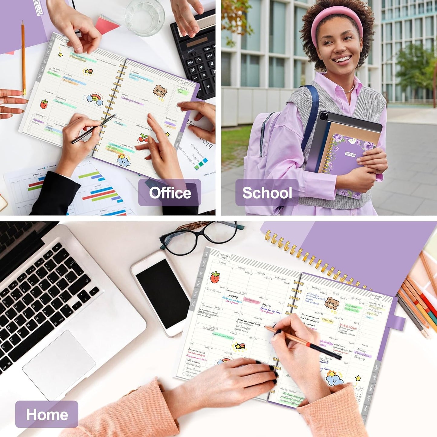 Planner 2025-2026, Academic Planners for Teacher & Student, AIMPEAK Weekly & Monthly Calendar Planner for Women, Daily Planners run from Jul.2025 - Jun.2026, Monthly Tabs, Spiral Binding, Purple Garland, 5.5"x8.5"