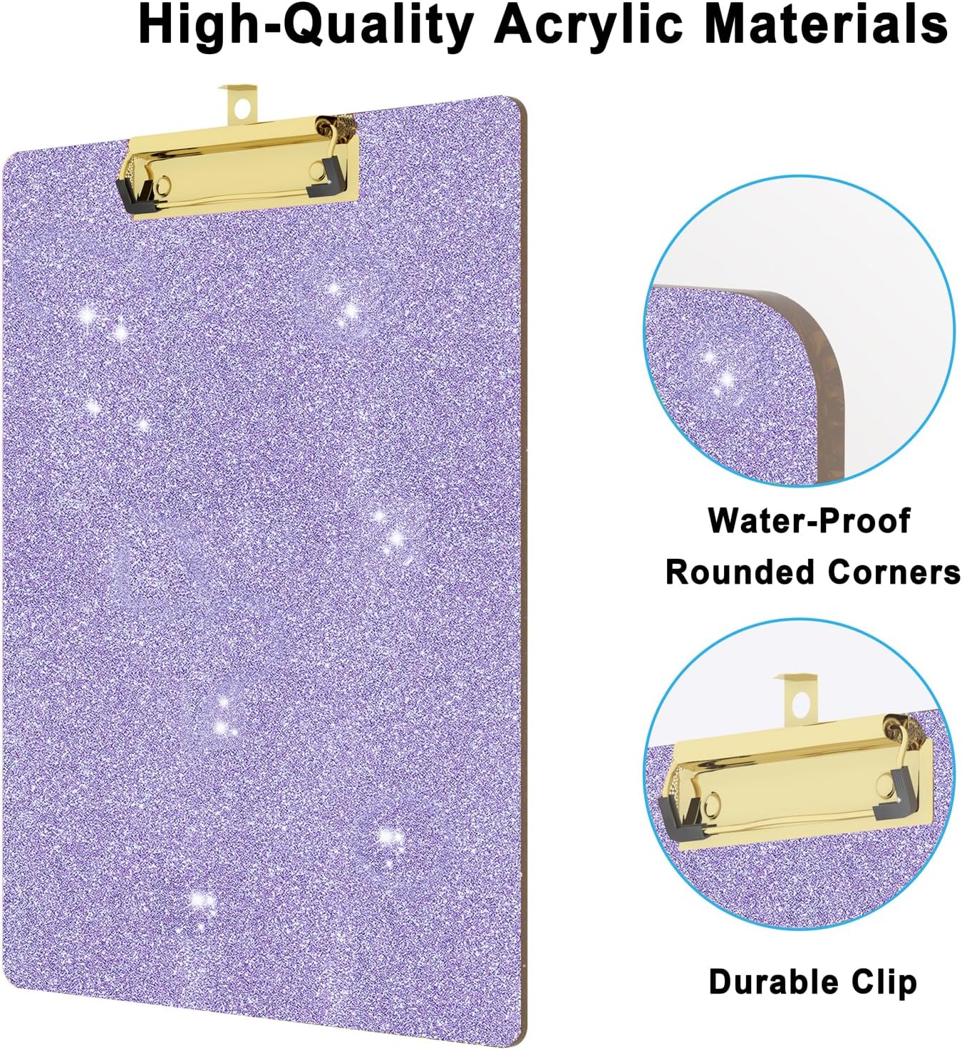 Glitter Acrylic Clipboard Decorative Standard A4 Letter Size 12.2" x 8.7", Fashion Bling Clip Boards with Designed Low Profile Gold Clip for Classroom Office - Purple