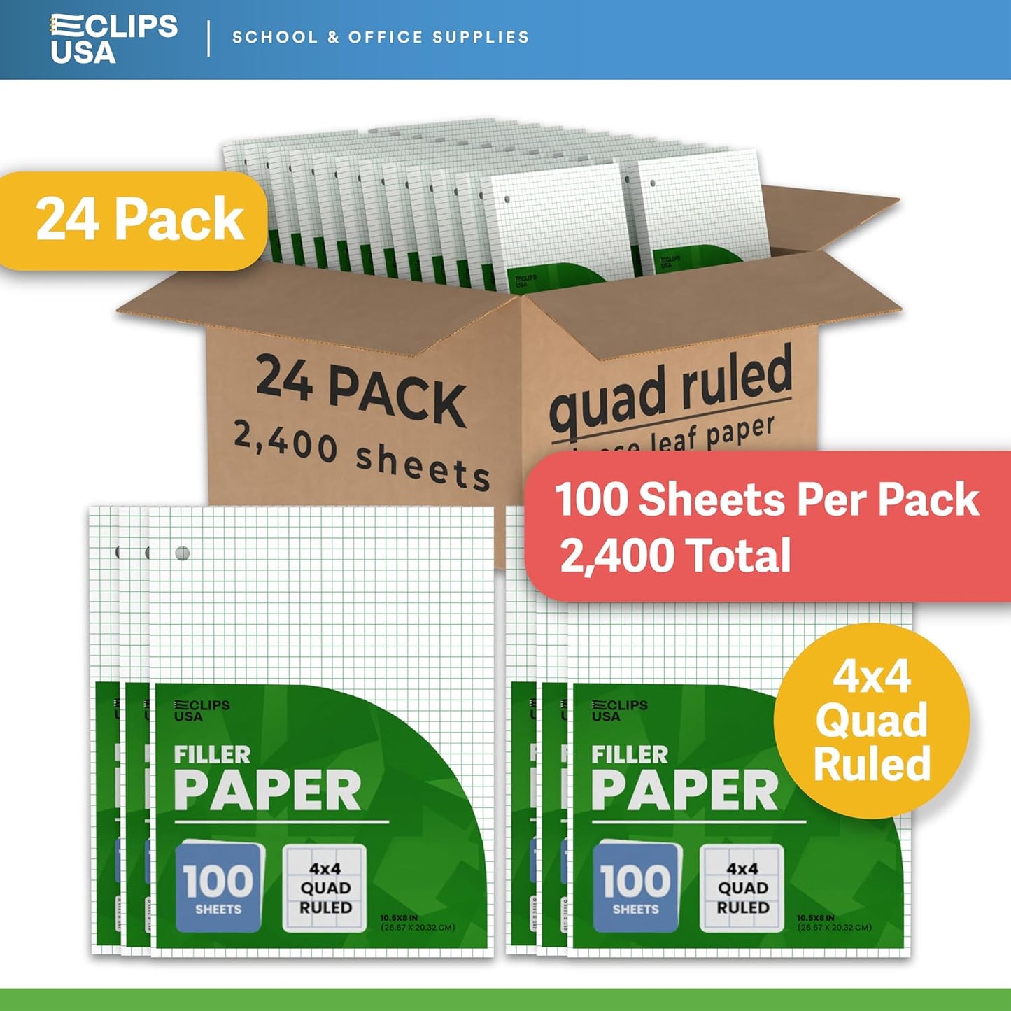 Loose Leaf Graph Paper (24 Pack), 4 x 4 An Inch Quad Ruled Graph Paper, 10.5” x 8” Graphing Paper, 100 Per Sheets Per Pack, 60 gsm (24 Pack)