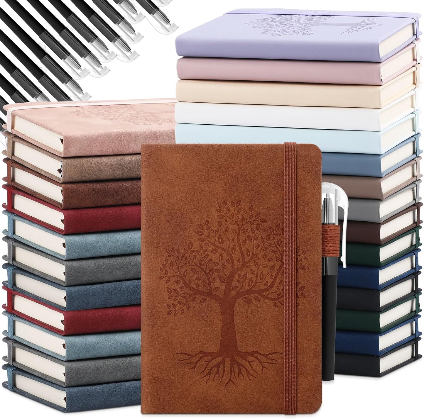 Estune Tree Small Notebooks Pen Leather Lined Pocket Subject Notebooks Hardcover Pocket Notepad Cute Ruled Leather Journals with Pen Holder for Men Women School Business, A6(Retro Color,30 Set)