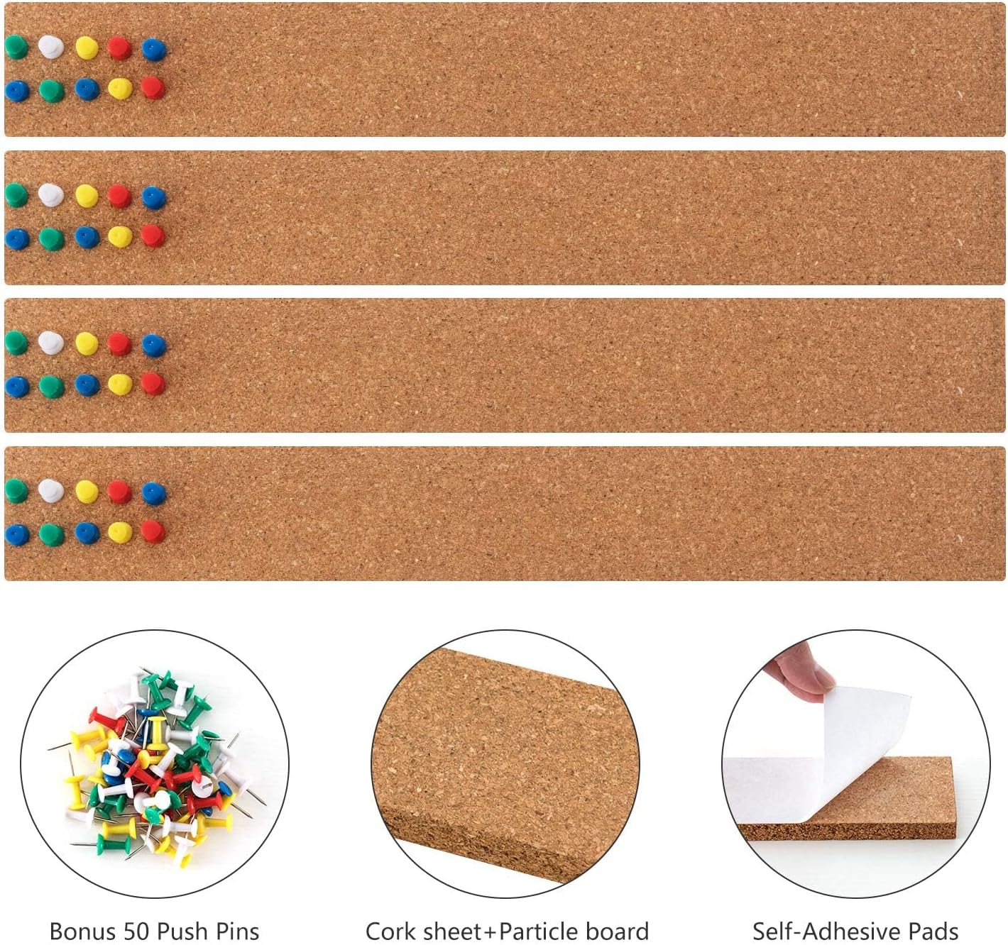 HBlife Cork Board Bulletin Board Bar Strip 8 Pack, 15x2 Inch - 1/2 Inch Thick, Frameless Cork Board Strips with 50 Multi-Color Push Pins, Strong Self Adhesive Backing