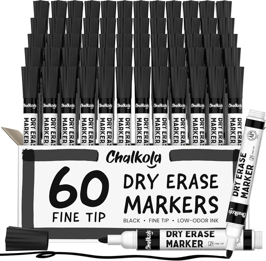 Chalkola Black Dry Erase Markers Fine Tip Bulk Pack of 60, Black Fine Point White Board Markers Dry Erase Pens - Low Odor Whiteboard Pens for Kids, Home, Office, Back to School Supplies