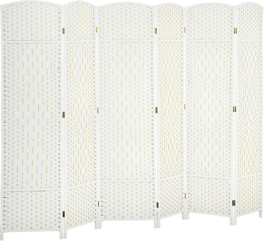 HOMCOM 6 Panel Room Divider, 6' Tall Folding Privacy Screen, Hand-Woven Freestanding Wall Partition for Home Office, Bedroom, White