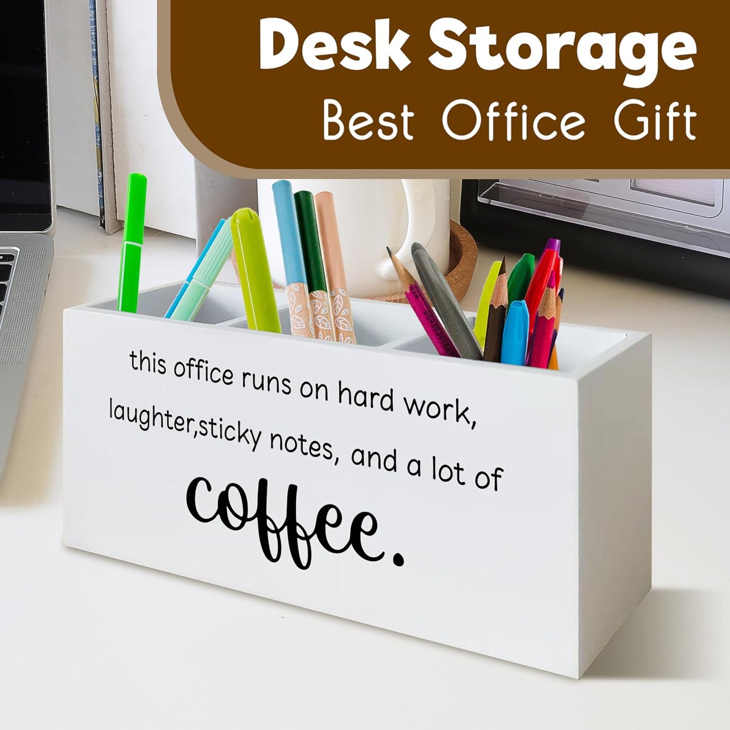 Funny Office Gifts Pen Holder for Desk, Work Humor Gifts for Coworkers Coffee Lovers, This Office Runs on Hard Work Wooden Pen Pencil Holder Organizer for Desk Accessories
