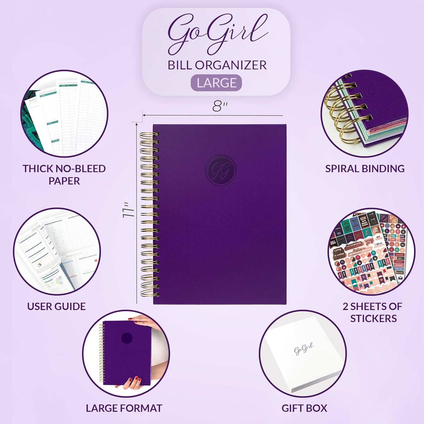 GoGirl Budget Planner & Monthly Bill Organizer – Monthly Financial Book with Pockets. Expense Tracker Notebook Journal, Large (Purple)