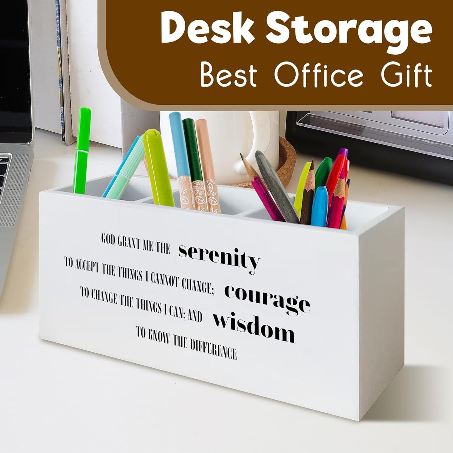 Inspirational Christian Pen Holder for Desk, Christian Gifts for Women Men, God Grant Me The Serenity Bible Verses Scripture Wooden Pen Pencil Holder Organizer for Office Desk Accessories