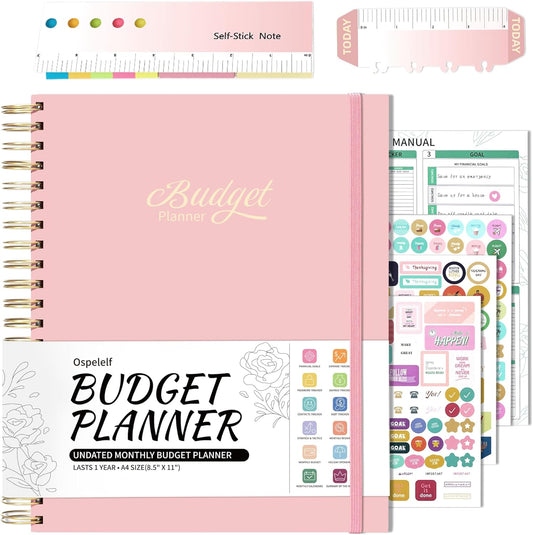 Ospelelf Budget Planner - Monthly Budget Book with Expense Tracker Notebook, Undated 12 Month Bill Organizer & Finance Planner, A4 Account Book with 12 Index Pockets, Zipper Pouch, Stickers(Pink)