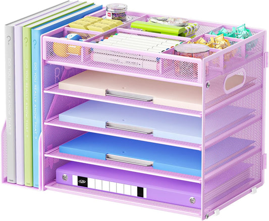 Marbrasse 5-Tier Desk Organizer with File Holder,Paper Letter Tray Organizer,Desktop File Organizer with Adjustable Compartments,Mesh Desk Organizers and Accessories for Office Supplies,Purple