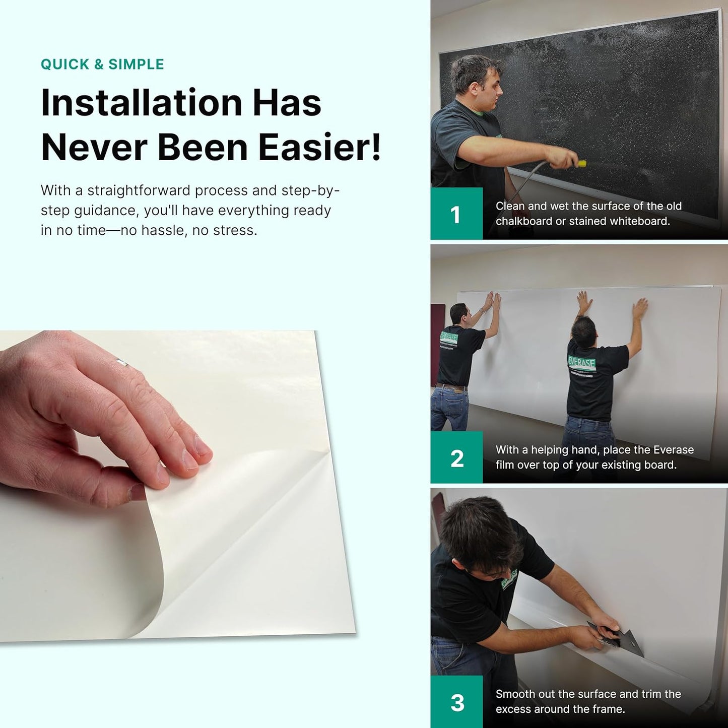 Everase Dry Erase Whiteboard Resurfacing Film Roll (9 ft. x 50") – Peel & Stick, Converts Chalkboards & Stained Whiteboards, Durable, Scratch/Stain-Resistant, Eco-Friendly, Refinish in 30 Mins.