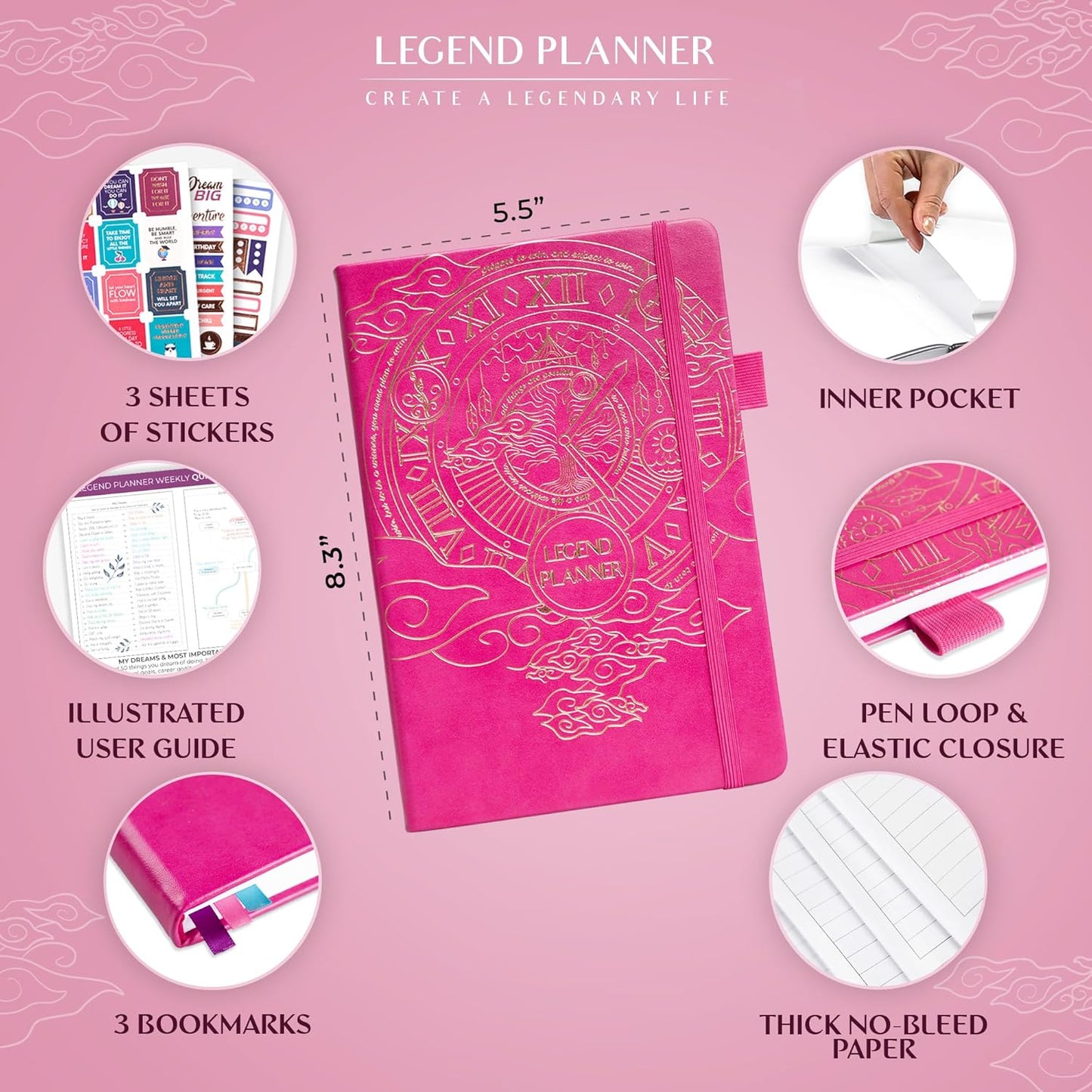 Legend Planner – Weekly & Monthly Life Planner to Hit Your Goals & Live Happier. Organizer Notebook & Productivity Journal. A5 (Hot Pink)