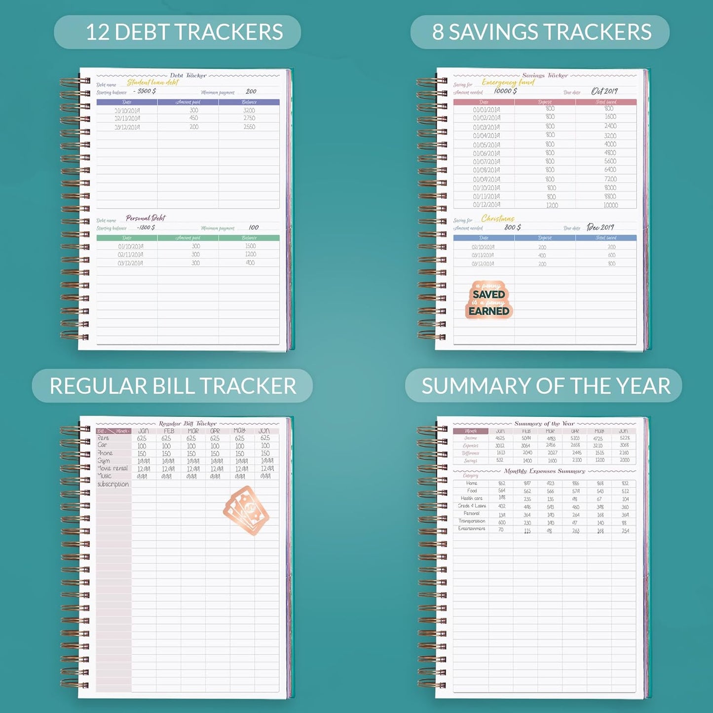 GoGirl Budget Planner & Monthly Bill Organizer – Monthly Financial Book with Pockets. Expense Tracker Notebook Journal, Large (Turquoise)