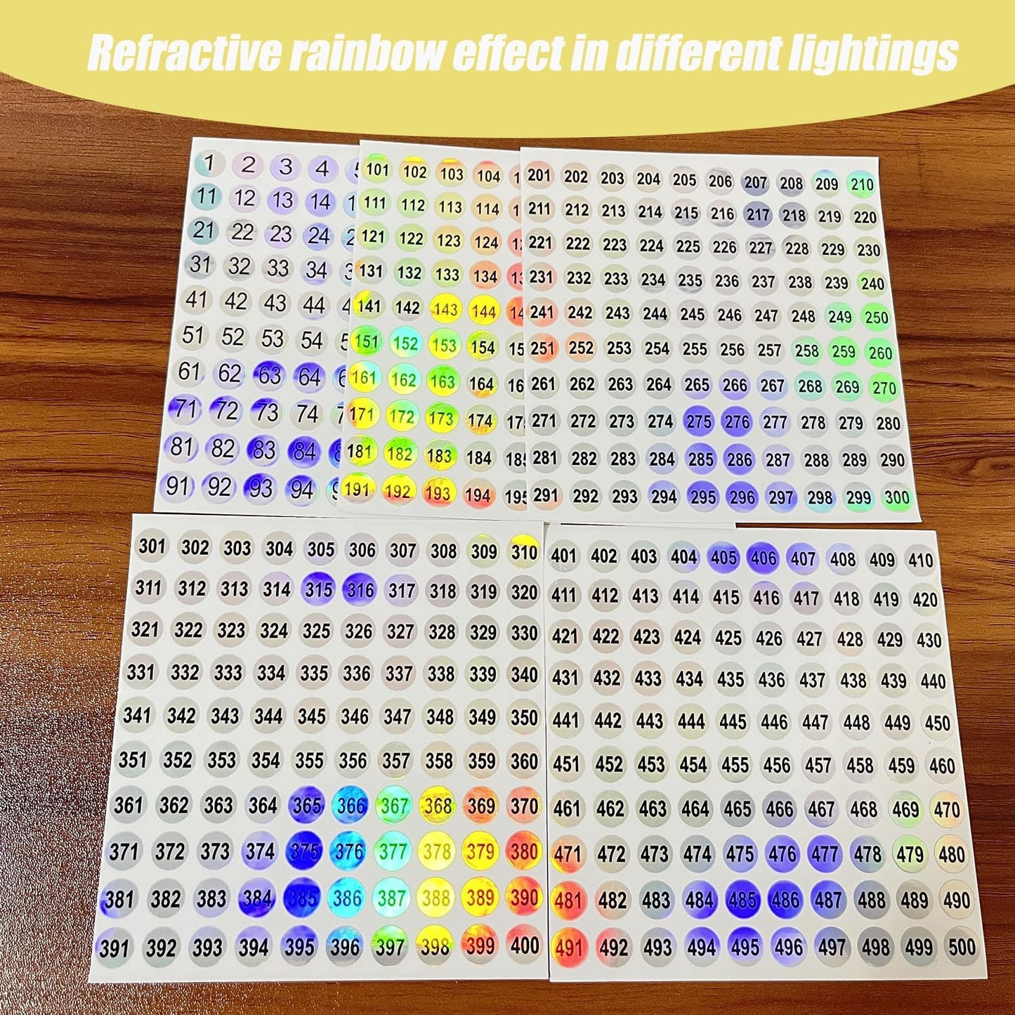20 Sheets 1 to 500 Waterproof Reflective Laser Number Stickers,Round Self Adhesive Stickers/Inventory/Storage Organizing Sticker