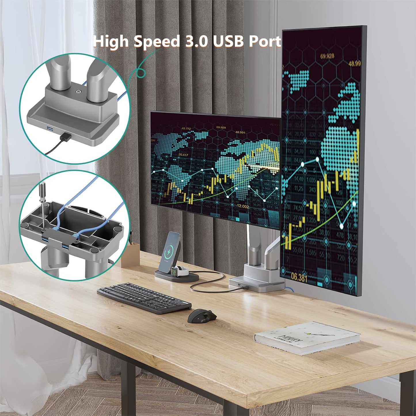 WALI Dual Monitor Mount, Monitor Arms for 2 Monitors, Fully Adjustable Gas Spring, with 2 Easily Accessible USB 3.0 Ports for Display Up to 35 Inch, 33lbs, (GSMU002), Silver