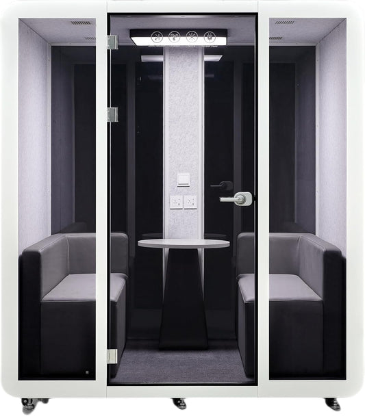 Mobile Office Pod Booth, Sound Pod, Large Space SoundProof Pod 4-6 People, Sound Booth Mobile Roller, LED Lighting, Centrifugal Fans and AC USB Ports Large Size for 4-6 Persons White/Smoked Glass