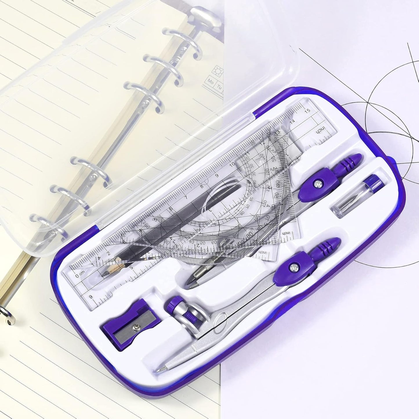 Math Geometry Kit Sets 10 Piece Student Supplies with Shatterproof Storage Box,Includes Rulers,Protractor,Compass,Eraser,Pencil Sharpener,Lead Refills,Pencil,for Drafting（Purple）