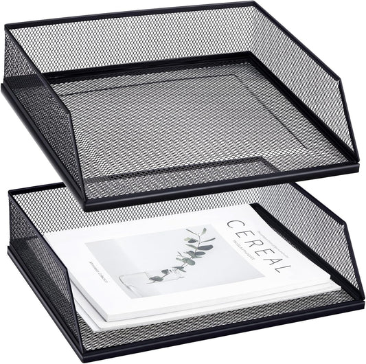 Hicarer 2 Pcs Black Metal Letter Tray Stackable Desk Tray Single Wire Mesh Organizer Front Load File Paper Holder for Desktop Office Home School Classroom (9.84 x 12.8 Inch)