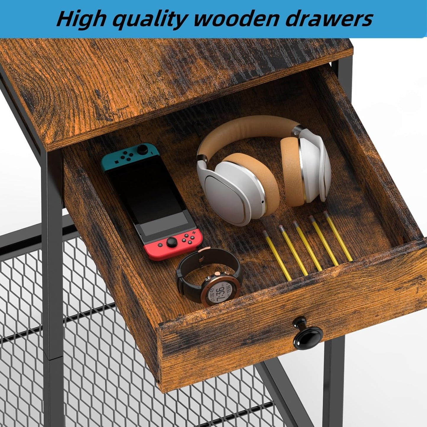 2 Tier Computer Tower Stand, Adjustable Printer Stand with Charge Station and USB Charging Port, PC Tower Stand CPU Holder Cart with Wheels for Home Office Fax, Brown