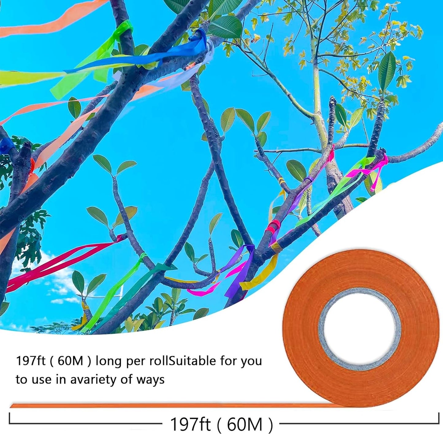 10 Pack Flagging Tape 10 Assorted Colors, Non-Adhesive Plastic Ribbon Neon Marking,1"*2000' Marking Tape for Tree Marking, Hunting, Boundaries and Hazardous Areas,Trail Marking