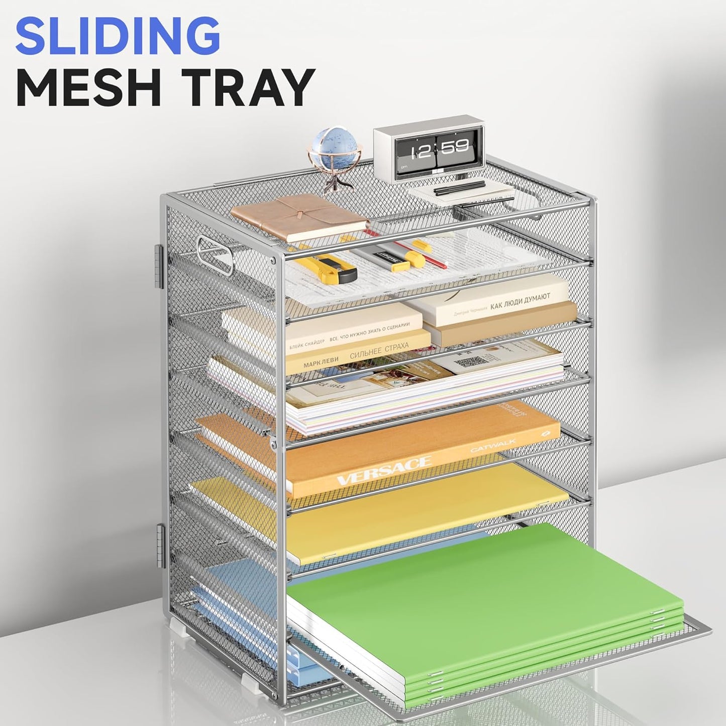 Paper Organizer with Handle 8 Tier Metal Mesh Desk File Organizer Large Capacity Desk Organizers Paper Letter Tray Desktop Document Sorter for Office, Home or School 2 Pack Silver