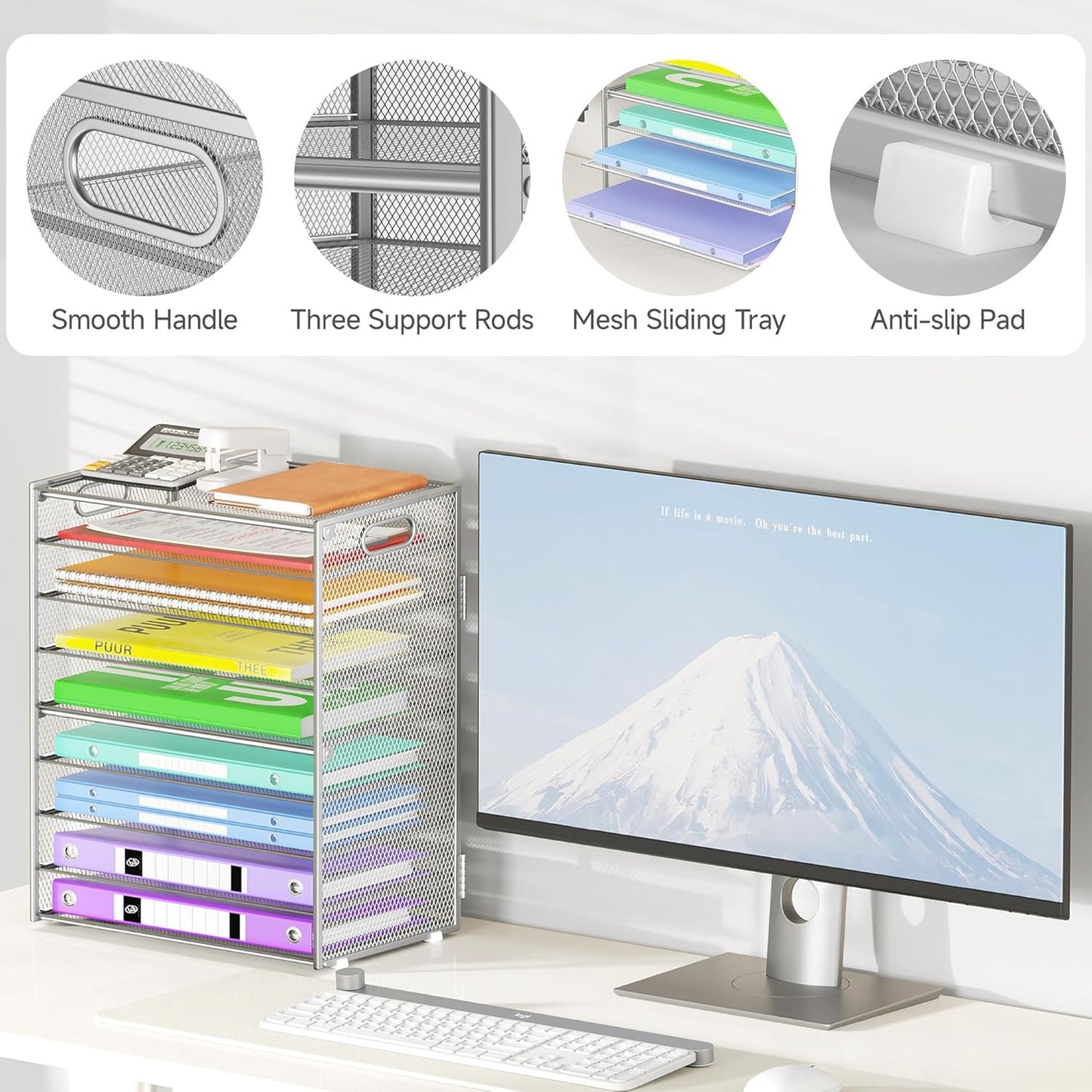 9 Tier Paper Organizer with Handle, Large Capacity Desk Organizer Mesh File Folder Letter Paper Tray Desktop Document Sorter for Classroom, School, and Office Accessories Organization- Silver