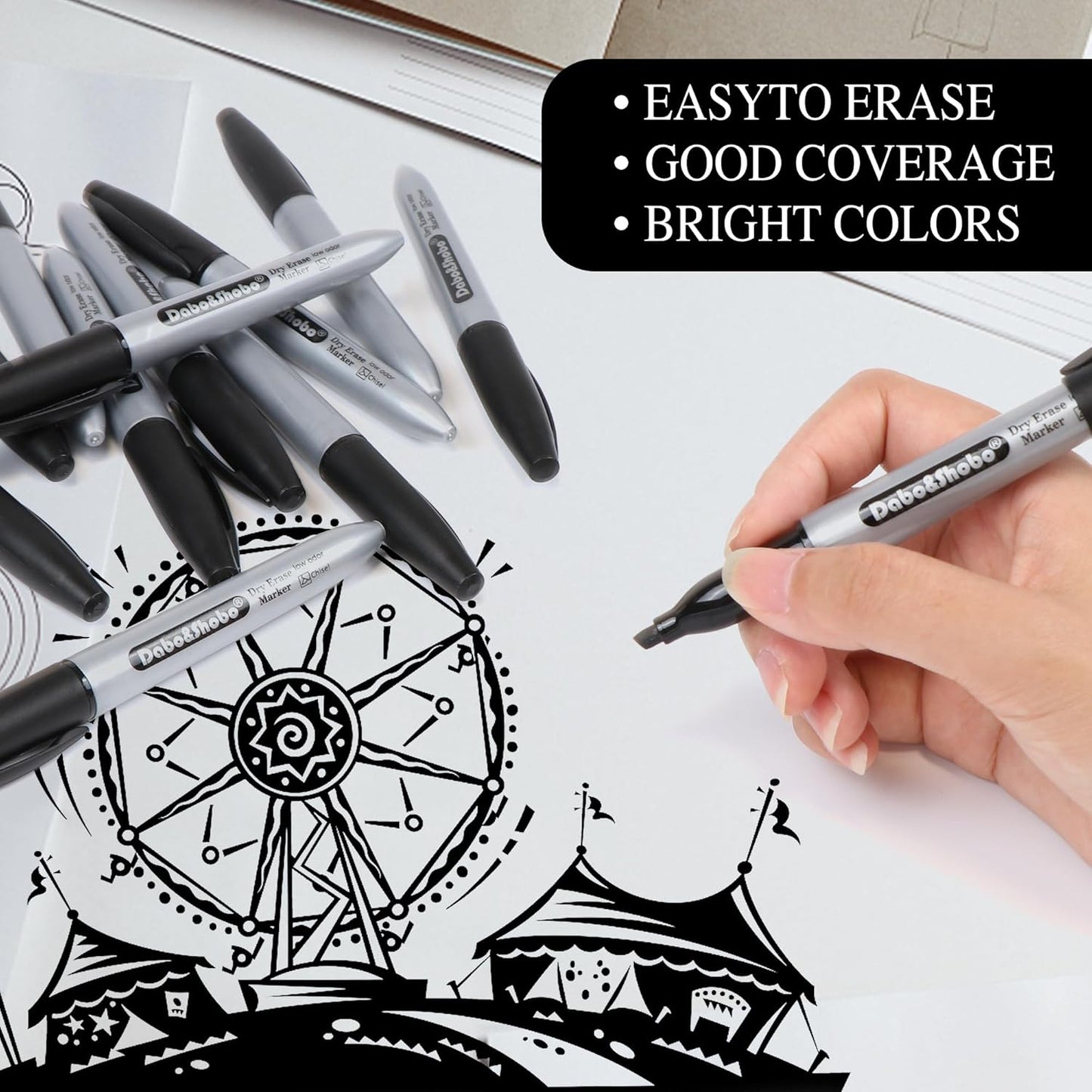 Dabo&Shobo Dry Erase Markers, 100 Count Black Whiteboard Markers, New Barrel Color, Low Odor, Chisel Tip, Suitable for School, Office, or Home