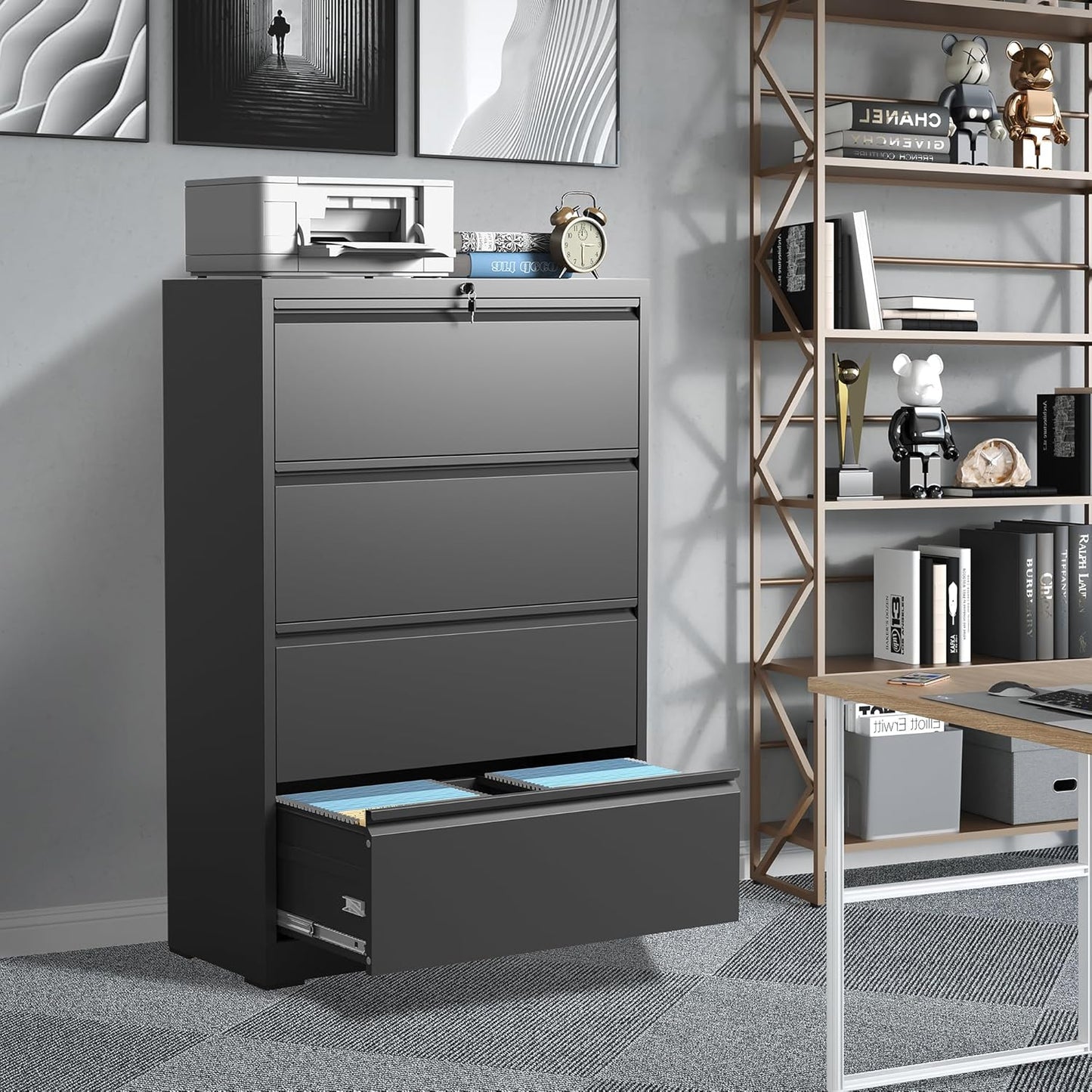 File Cabinets 4 Drawer,Metal Office Storage Filing Cabinet with Lock,Black Lateral Filing Cabinet for Home Office,Horizontal Locking File Cabinets for Legal/Letter/A4,Assembly Require,Black