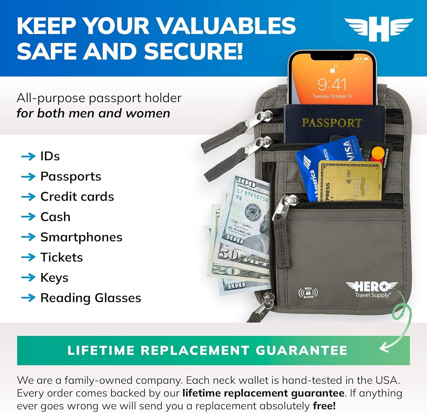 HERO Neck Wallet, RFID Blocking Passport Holder, Easy to Conceal Travel Pouch