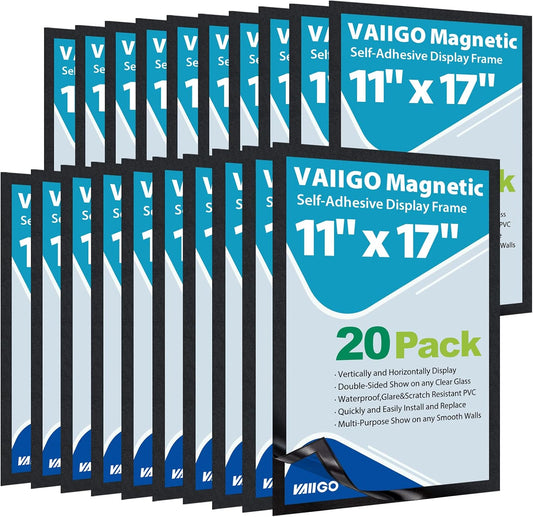 11"x 17" Self Adhesive Sign Holder, Double Sided Window Display Frame with Clear PVC and Strong Magnetic for Office/Home/Store/Door/Glass/Wall (Black, 20Pack)