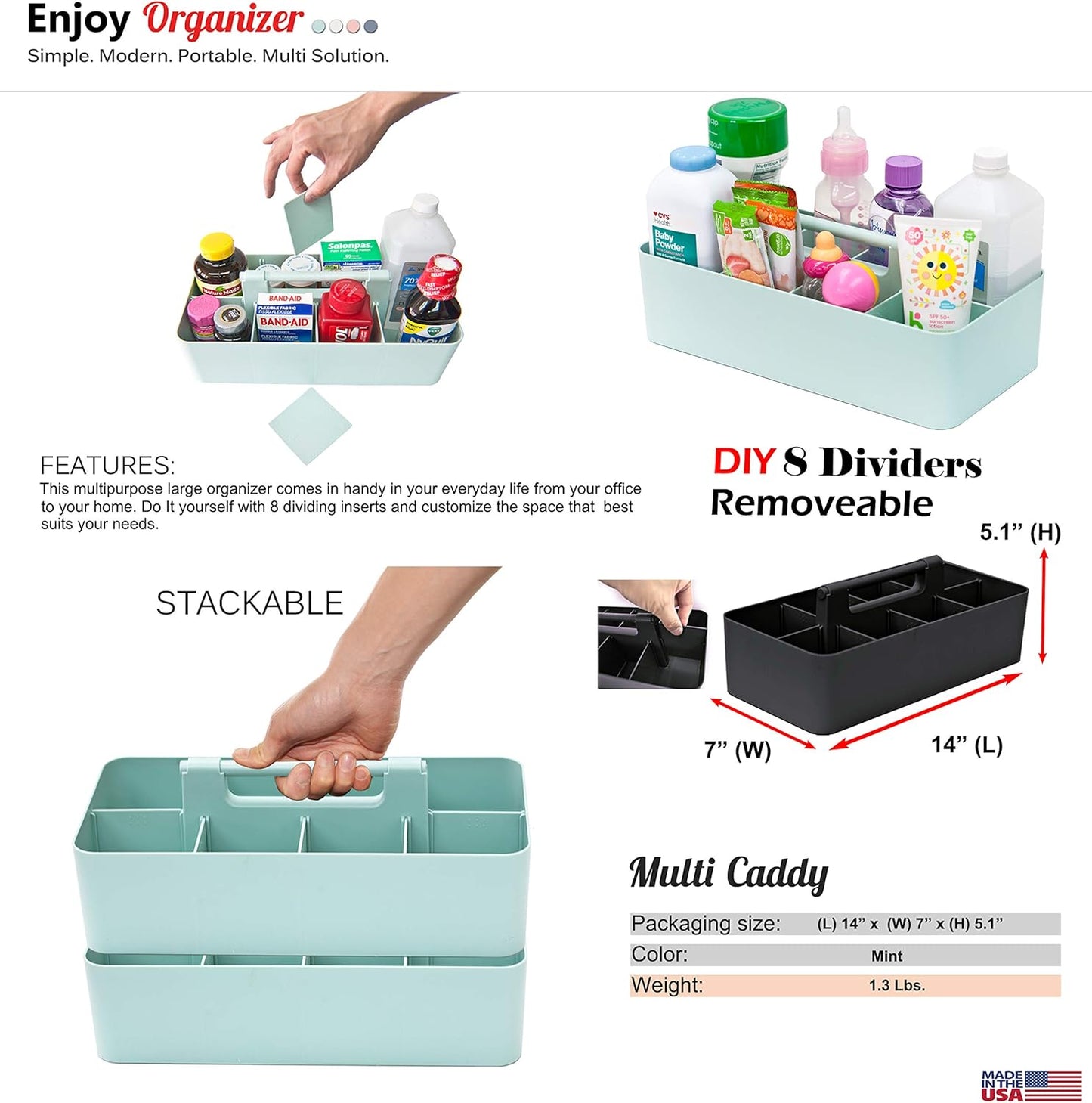 -Large Portable Caddy, DIY Dividers, 8 Compartments, School Office Supplies Home Business Organizer,Portable Basket with Handle Storage Organizer Modern Made in USA (10 PACK, Mint)