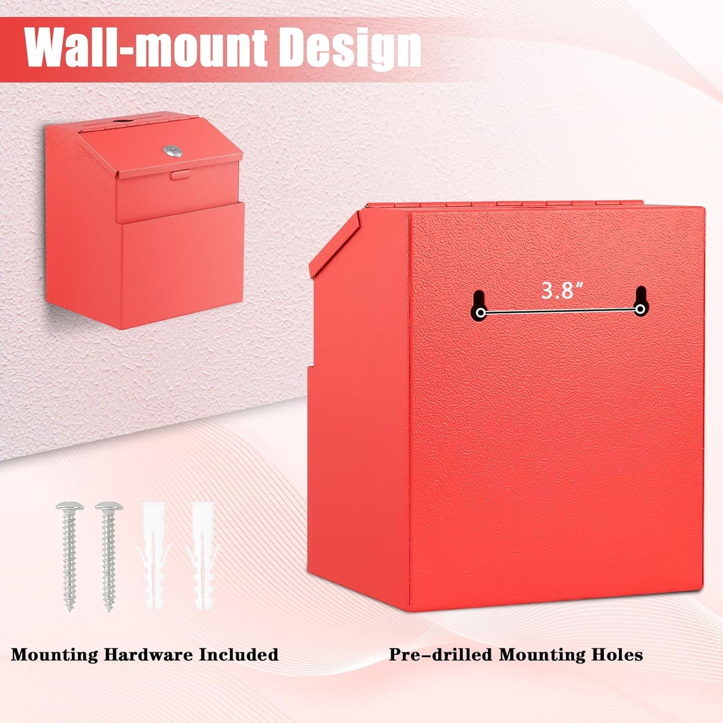 KYODOLED Suggestion Box with Lock and 50 Free Suggestion Cards, Metal Wall Mounted Ballot, Donation and Collection Key Drop Box with Slot & 2 Keys, 8H x 5.7W x 7L Inch, Red