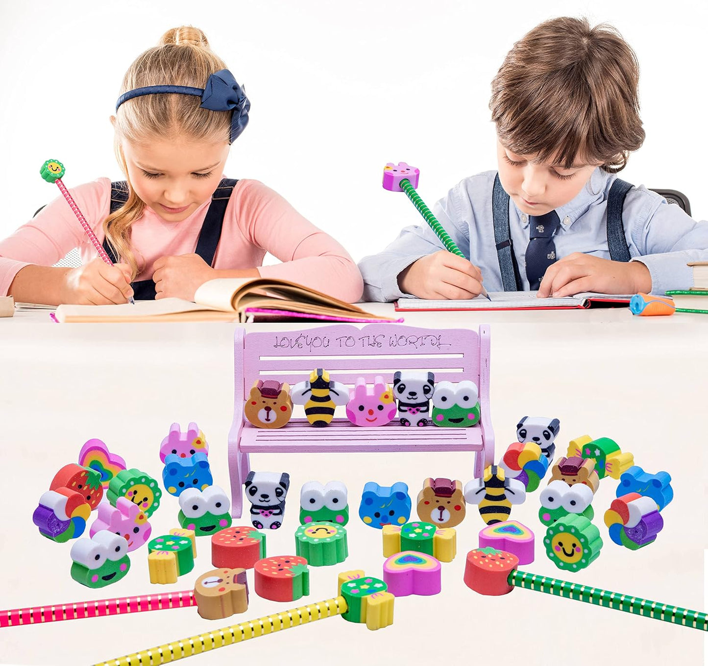 XANADU 35 PCS Pencil Top Erasers, Animal Pencil Erasers Toppers, Cute Heart Cap Erasers for Kids Back to School, Classroom Prize