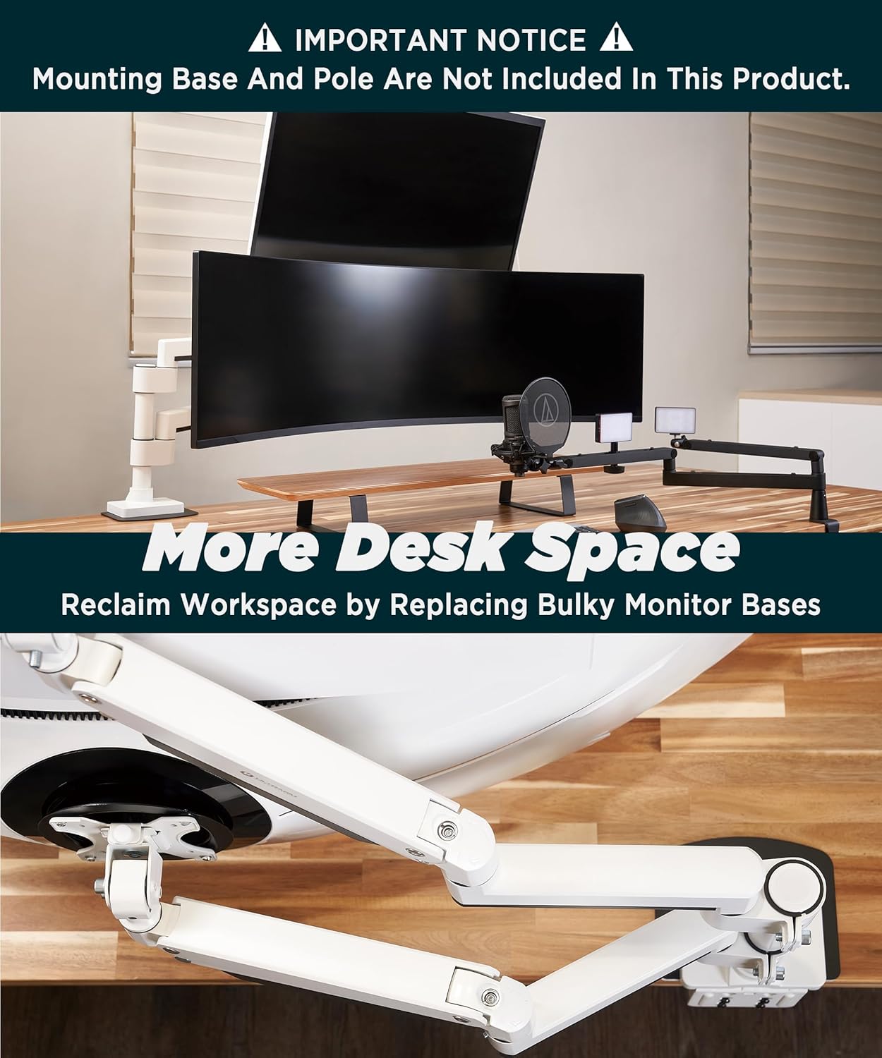 Heavy Duty Extension Arm [Accessory Only - Requires MA20PW-S Single Monitor Arm for Use] Dual 49" Vertical Stacked Monitor Mount Height Adjustable - 100x100 VESA Mount, White, MA20PW-A