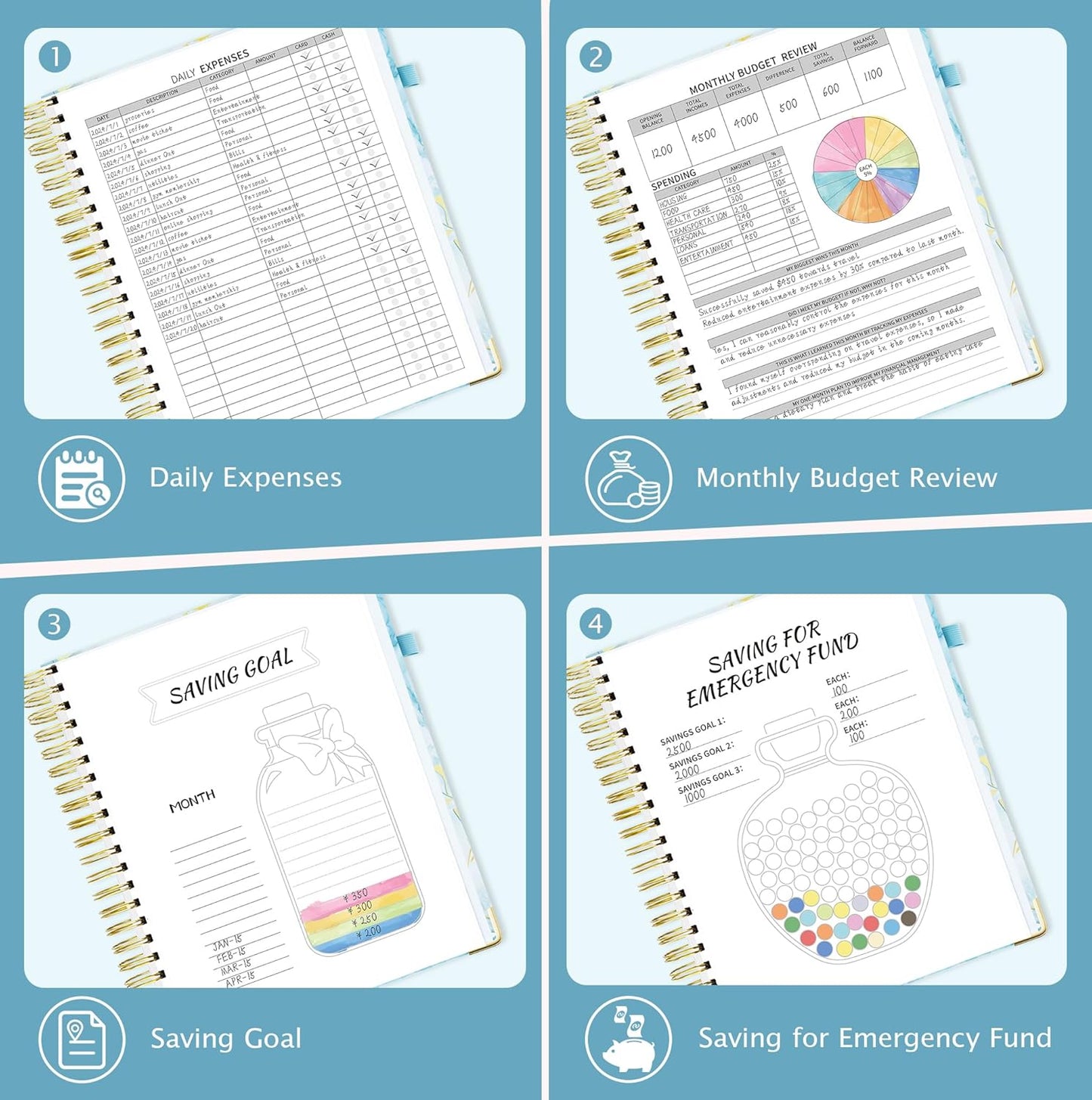 Ospelelf Undated Budget Planner with Expense Tracker and Bill Organizer Large Spiral Bound Monthly Account Planners to Take Control of Your Money 12 Months Blue