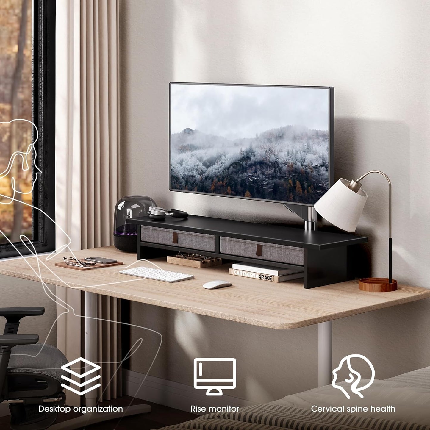 Fenge Monitor Stand with Drawer, 2 Tiers Dual Monitor Riser for Desk, 35 Inch Computer Stand for 2 Monitors, Desk Shelf for Home, Office, Laptop, PC, TV, Printer