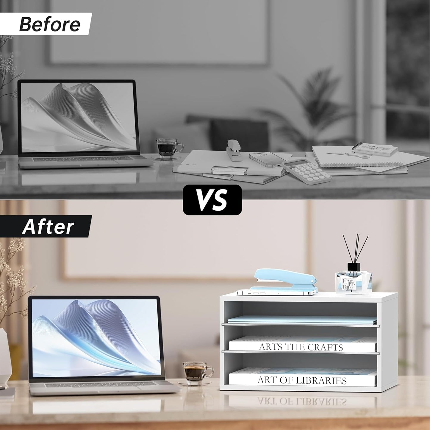 SUPEASY Wood Desk Organizer, 3 Tier Paper File Organizer for Desk, Wooden Desktop Organizer, Paper Letter Literature Mail Sorter, for Office School & Home Organization, White