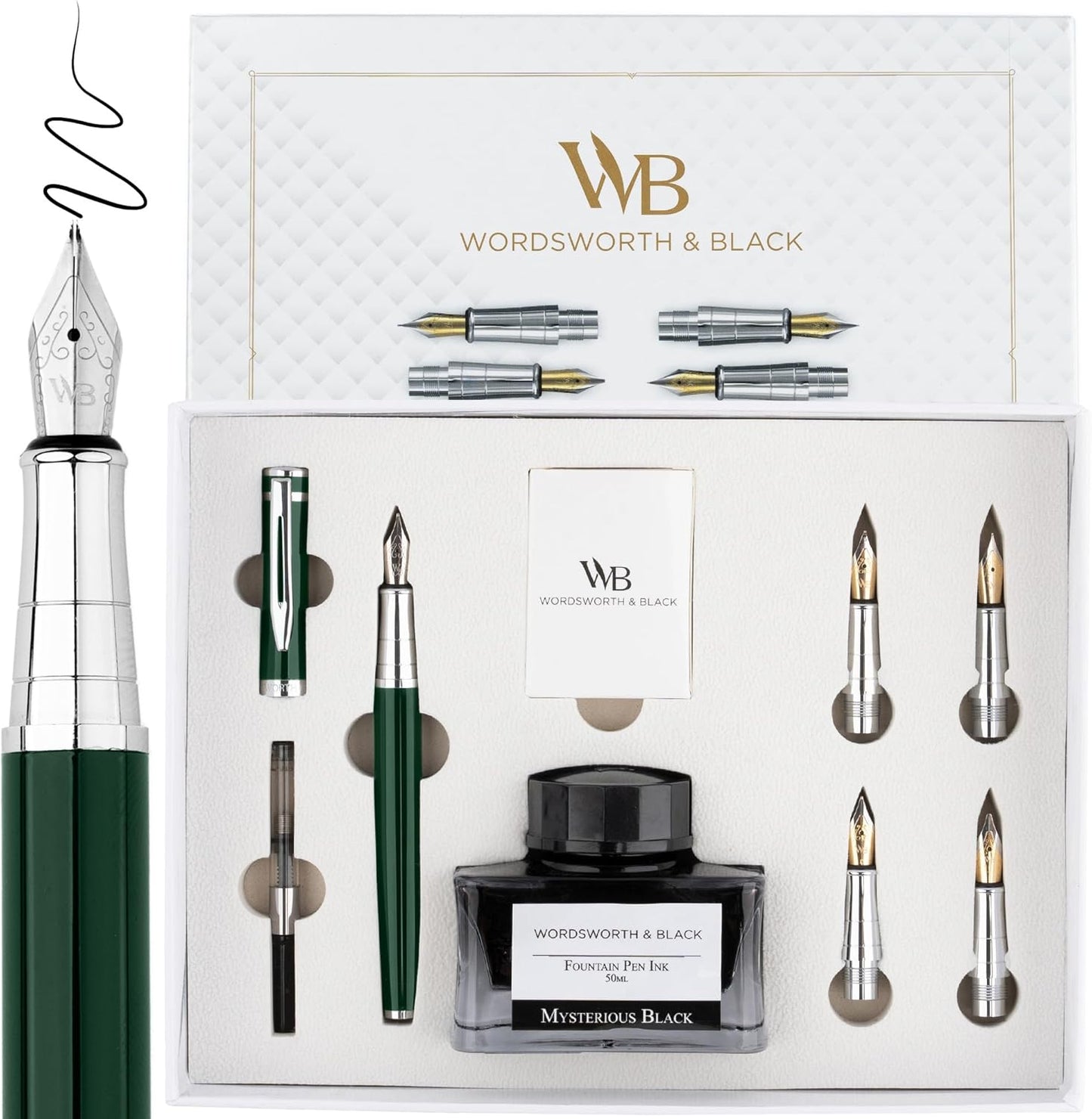 Wordsworth & Black Fountain Pen Gift Set, Includes Bottle, 6 Cartridges, Refill Converter, 4 Replacement Nibs, Premium Package, Journaling, Calligraphy, Smooth Writing Pens [Green Chrome]