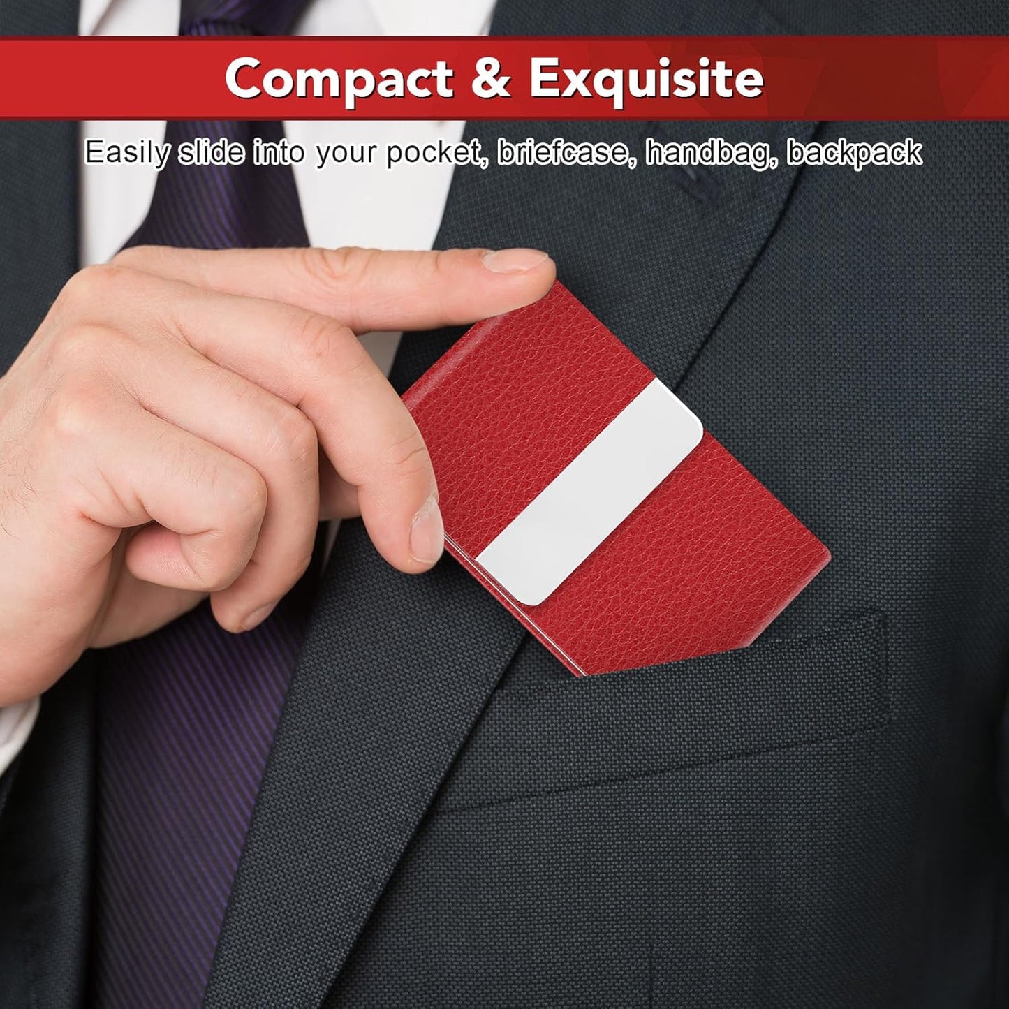 Business Card Holder with Ultra Slim Design, Business Card Case with Premium PU Leather, Suit Pocket Metal Card Holder for Women/Men, Magnetic Closure Quick Access Cards