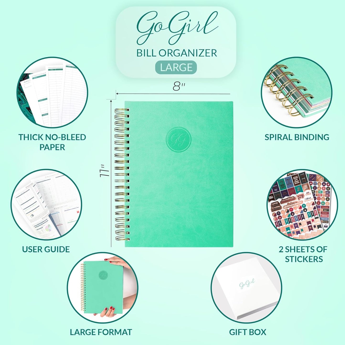 GoGirl Budget Planner & Monthly Bill Organizer – Monthly Financial Book with Pockets. Expense Tracker Notebook Journal, Large (Mint Green)