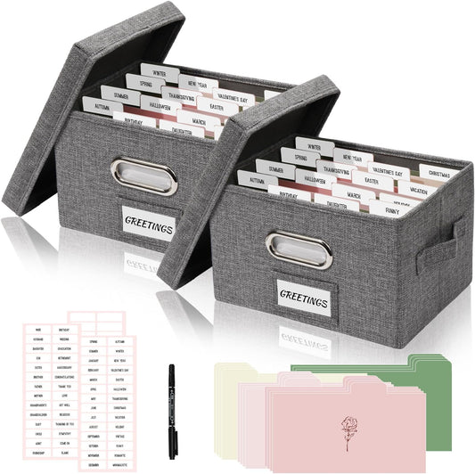 Greeting Card Storage Box, Linen Storage Box with 32 Adjustable Dividers, 168 Labels, 2 Marker Pen, Perfect for Organizing Greeting Cards, Envelopes, Photos 2 Pack Grey