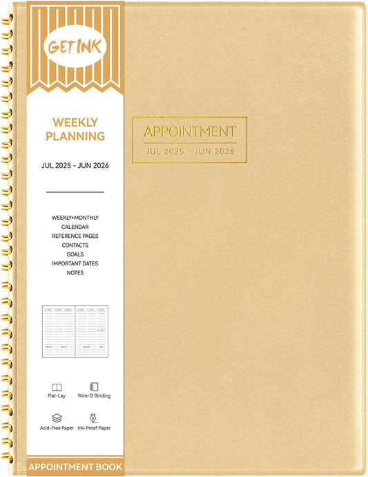 GETINK Appointment Book 2025-2026 Weekly Daily Hourly Planner 8.5"x11" Spiral Bound, Jul. 2025 - Jun. 2026, Laredule Appointment Planner 2025 with 15-Minute Increments, Flexible Cover, Gold