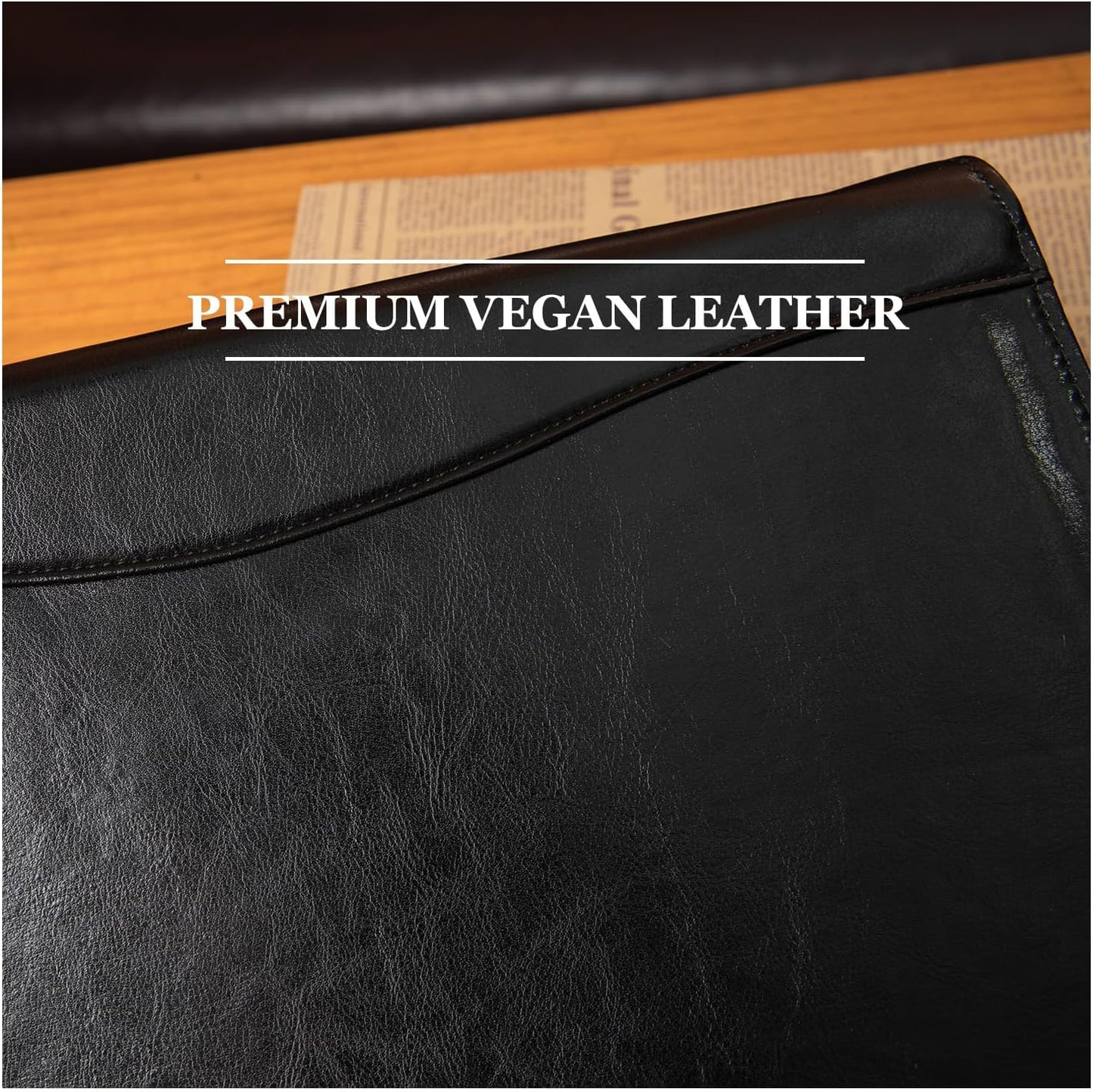 Vegan Leather Portfolio, Legal Size 8.5 x 14 Pad Holder, Business Padfolio for Men and Women, Zippered Laptop Organizer, Executive Professional Work Travel Notepad Folio, Black