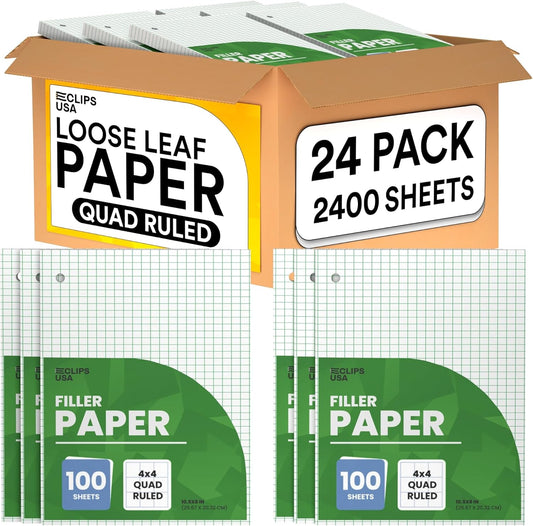 Loose Leaf Graph Paper (24 Pack), 4 x 4 An Inch Quad Ruled Graph Paper, 10.5” x 8” Graphing Paper, 100 Per Sheets Per Pack, 60 gsm (24 Pack)