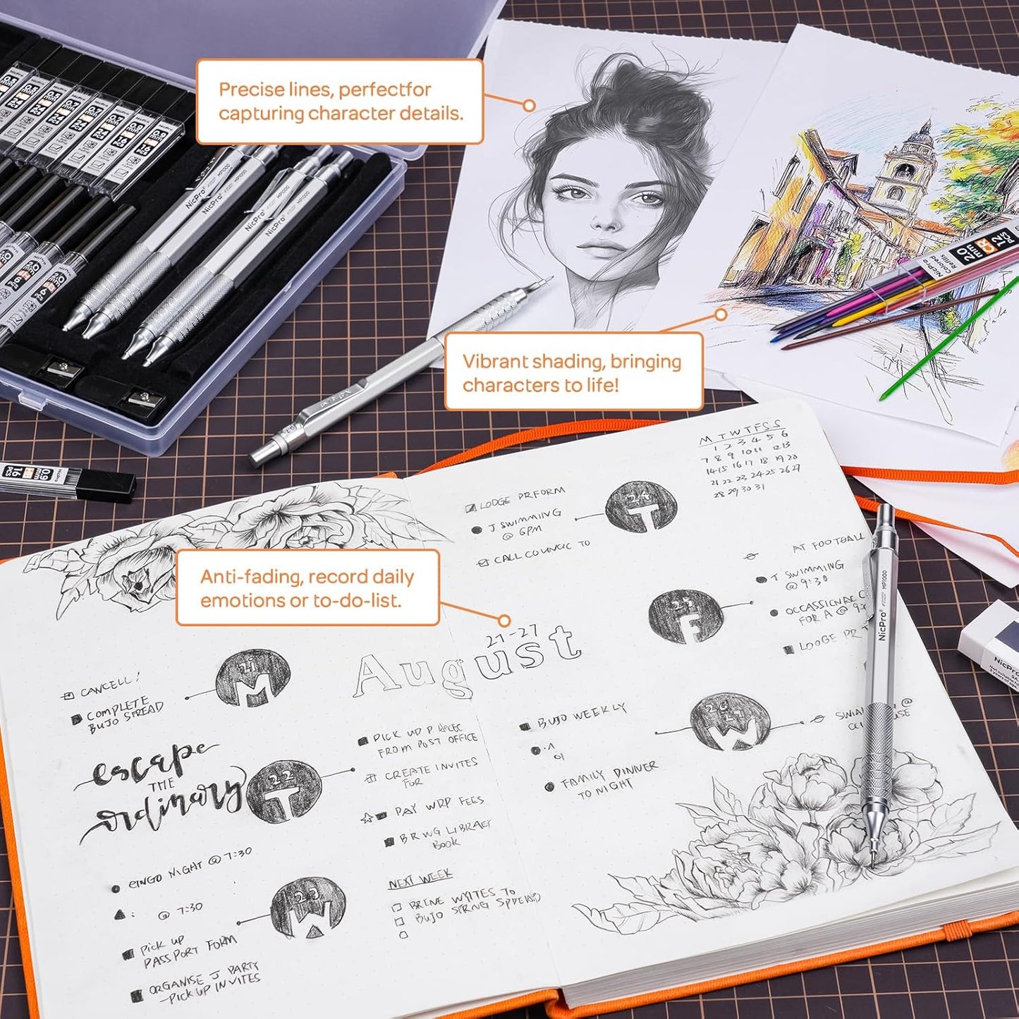 Nicpro 35PCS Silver Metal Mechanical Pencils Set in Case, Art Drafting Pencil 0.5, 0.7, 0.9 mm & 3PCS 2mm Graphite Lead Holder for Drawing Sketching With 20 Tube Lead Refills(6B 4B 2B HB 2H 4H Colors)