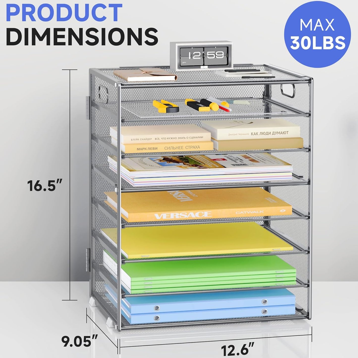 8 Tier Paper Organizer with Handle, Metal Mesh Desk File Organizer, Large Capacity Desk Organizers Paper Letter Tray Desktop Document Sorter for Office, Home or School - Silver