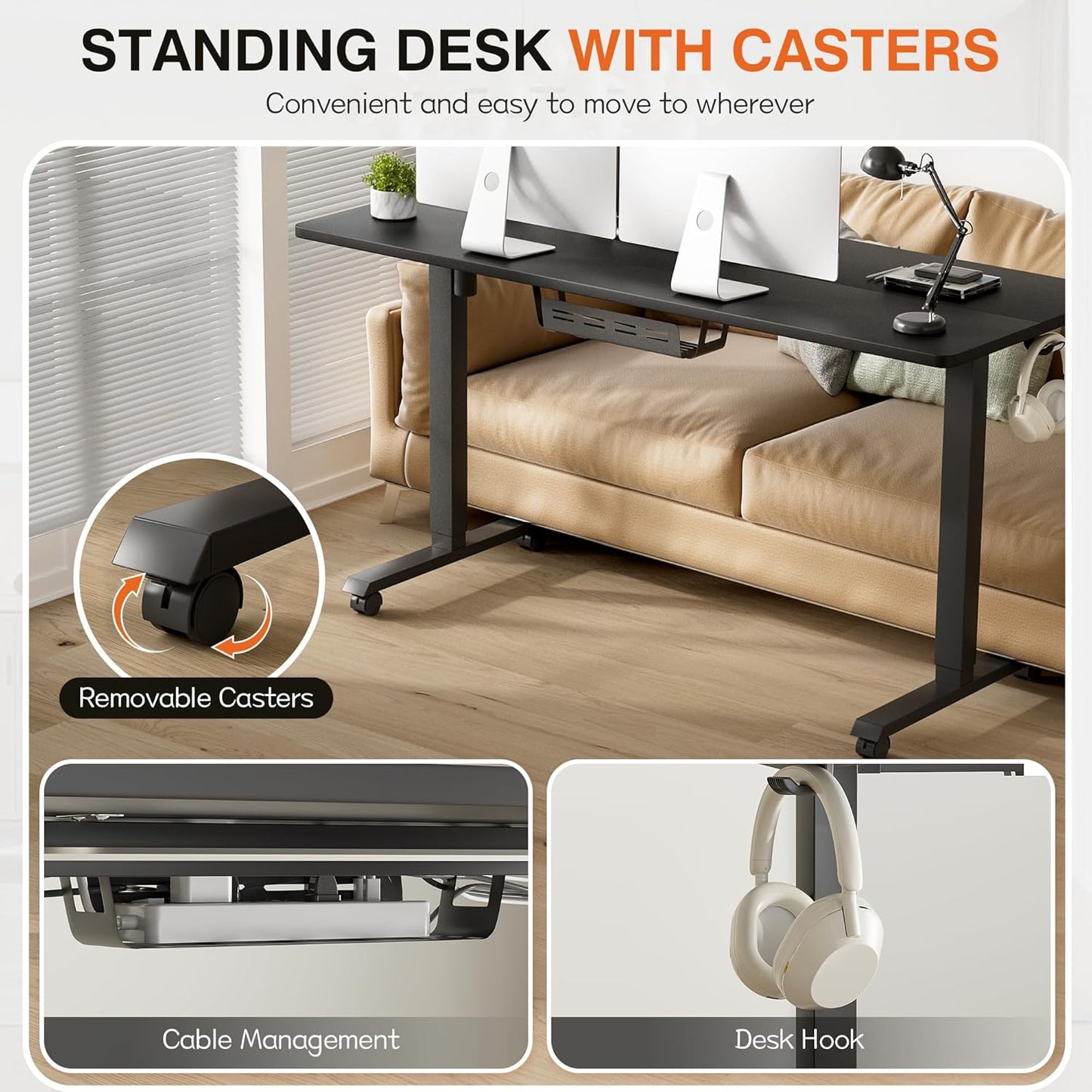 Furmax Electric Standing Desk, 59 x 24 Inches Height Adjustable Desk with Wheels, Home Office Computer Desk with Management Box (Carbon Black)