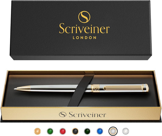 Scriveiner Silver Chrome Ballpoint Pen - Stunning Luxury Pen with 24K Gold Finish, Schmidt Black Refill, Best Ball Pen Gift Set for Men & Women, Professional, Executive, Office, Nice, Fancy Pens