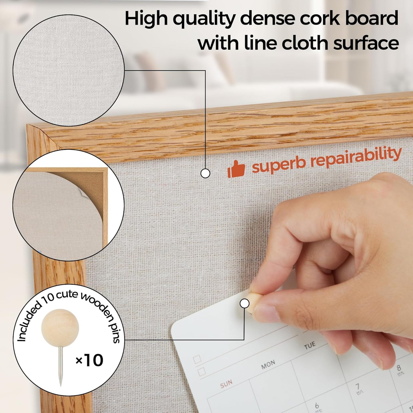 Fun Memories Cork Bulletin Board 24x36 Inches with Oak Wood Frame, Large Wall Mounted Pin Board for Office, Home & School - Includes Thumb Tacks & Hooks (Natural)