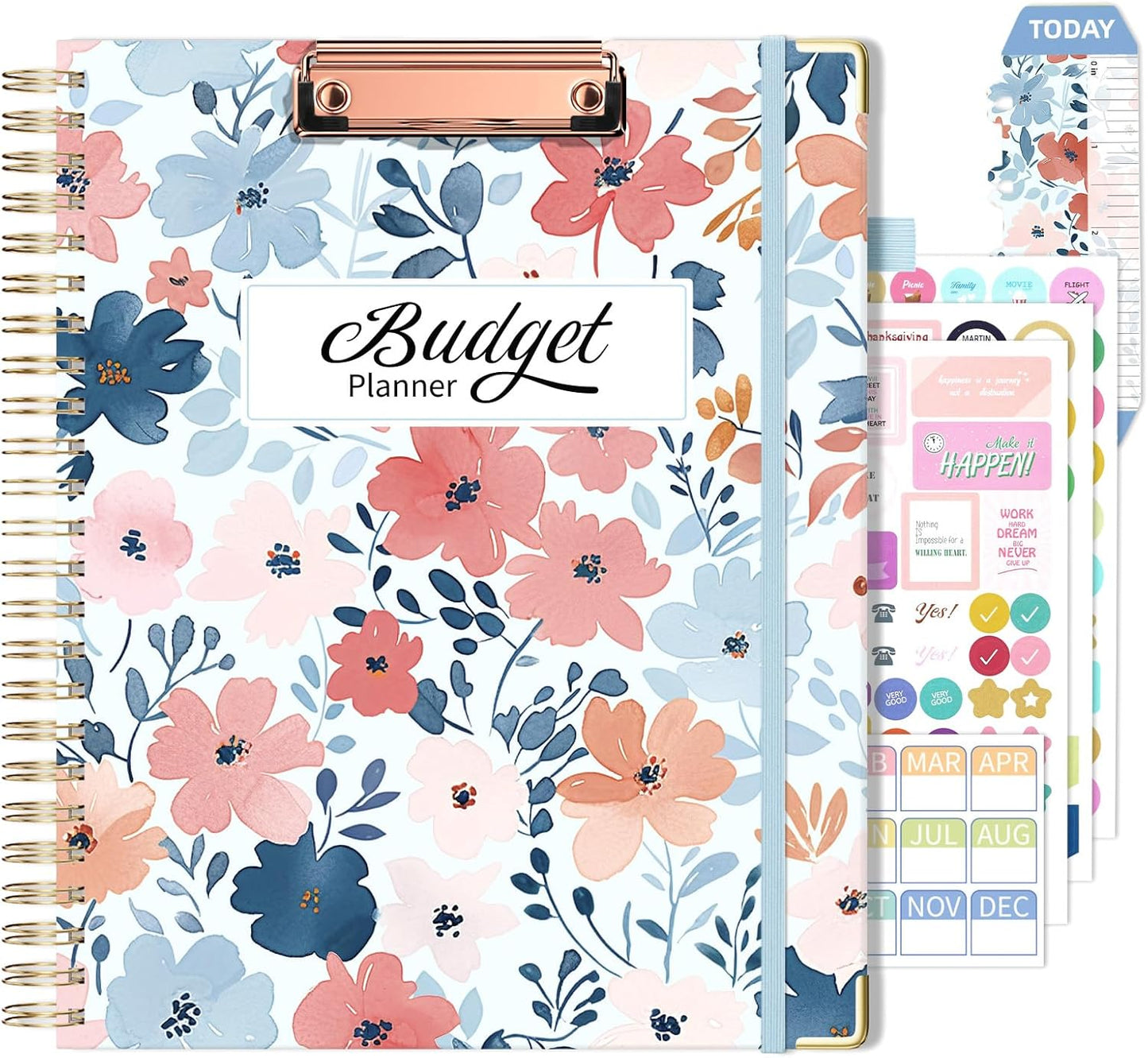 Ospelelf Undated Budget Planner with Clipboard Large Weekly Monthly Account Planners with Stickers 12 Months Productivity Aesthetic Journey Blue Floral