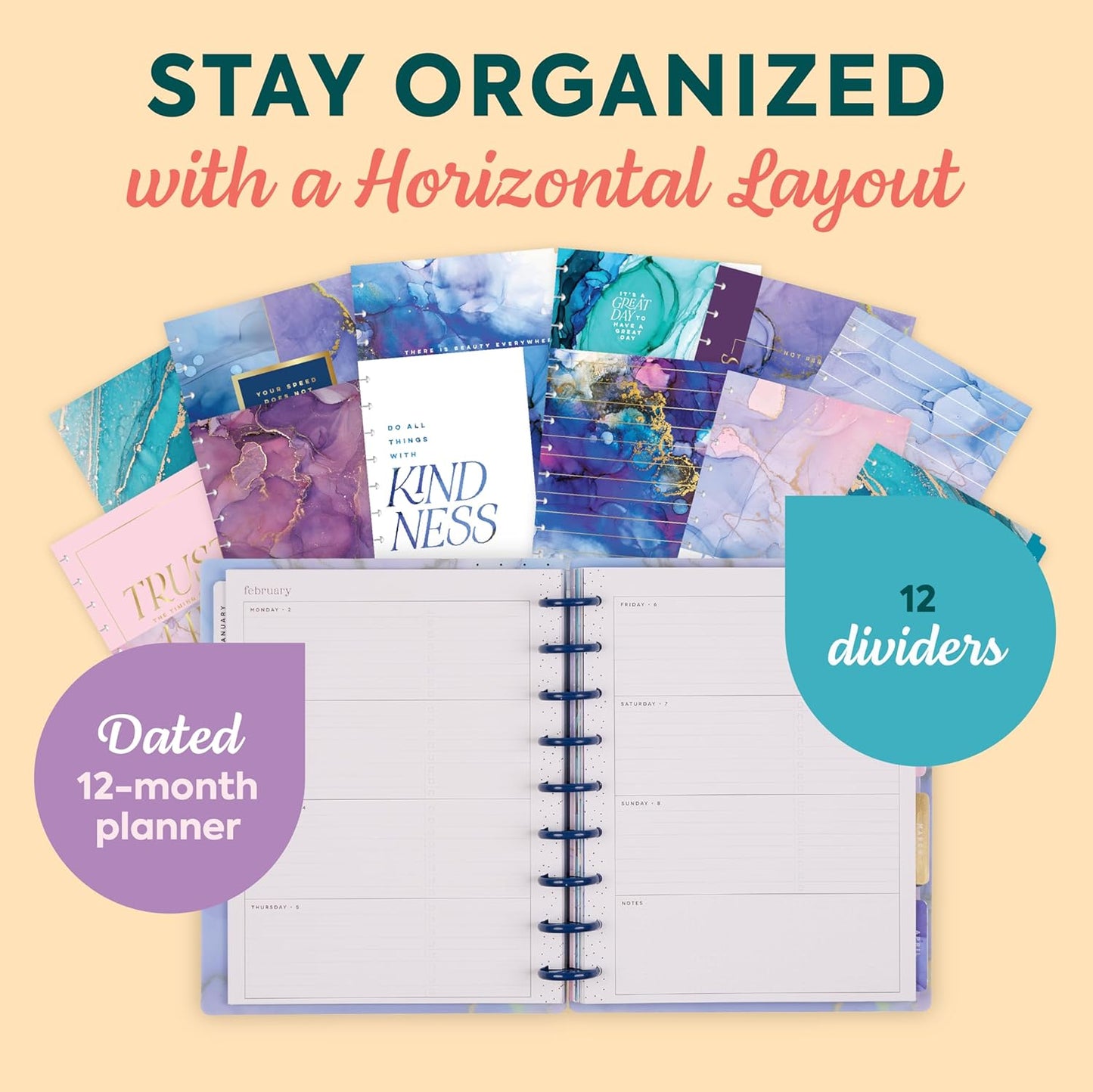 Happy Planner Disc-Bound Planner Jan.–Dec. 2026, Includes 3 Extra Months and 2 Sticker Sheets, Classic Size, 7" x 9.25", Horizontal Layout, Ethereal Elements